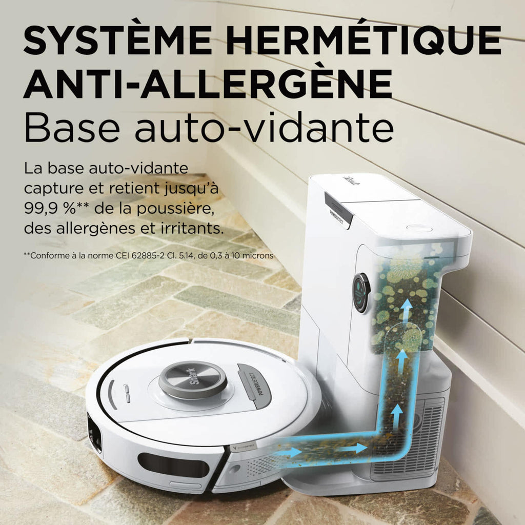 Aspirateur robot Shark PowerDetect avec autovidage et navigation IA – Blanc AV2820VEEUWH