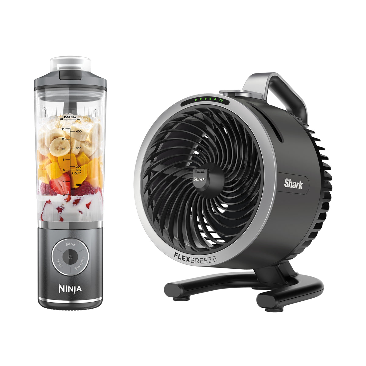 Pack Blender portable sans fil Ninja Blast Max 700 ml Gris et Ventilateur portable avec brume Shark FlexBreeze HydroGo Gris