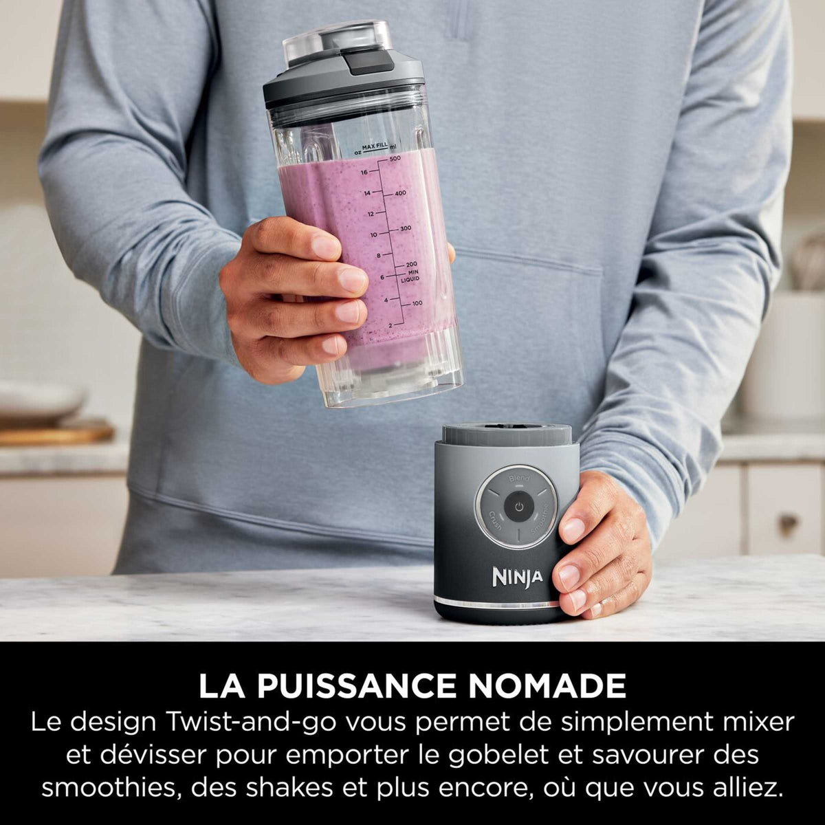 Pack Blender portable sans fil Ninja Blast Max 700 ml Gris et Ventilateur portable avec brume Shark FlexBreeze HydroGo Gris