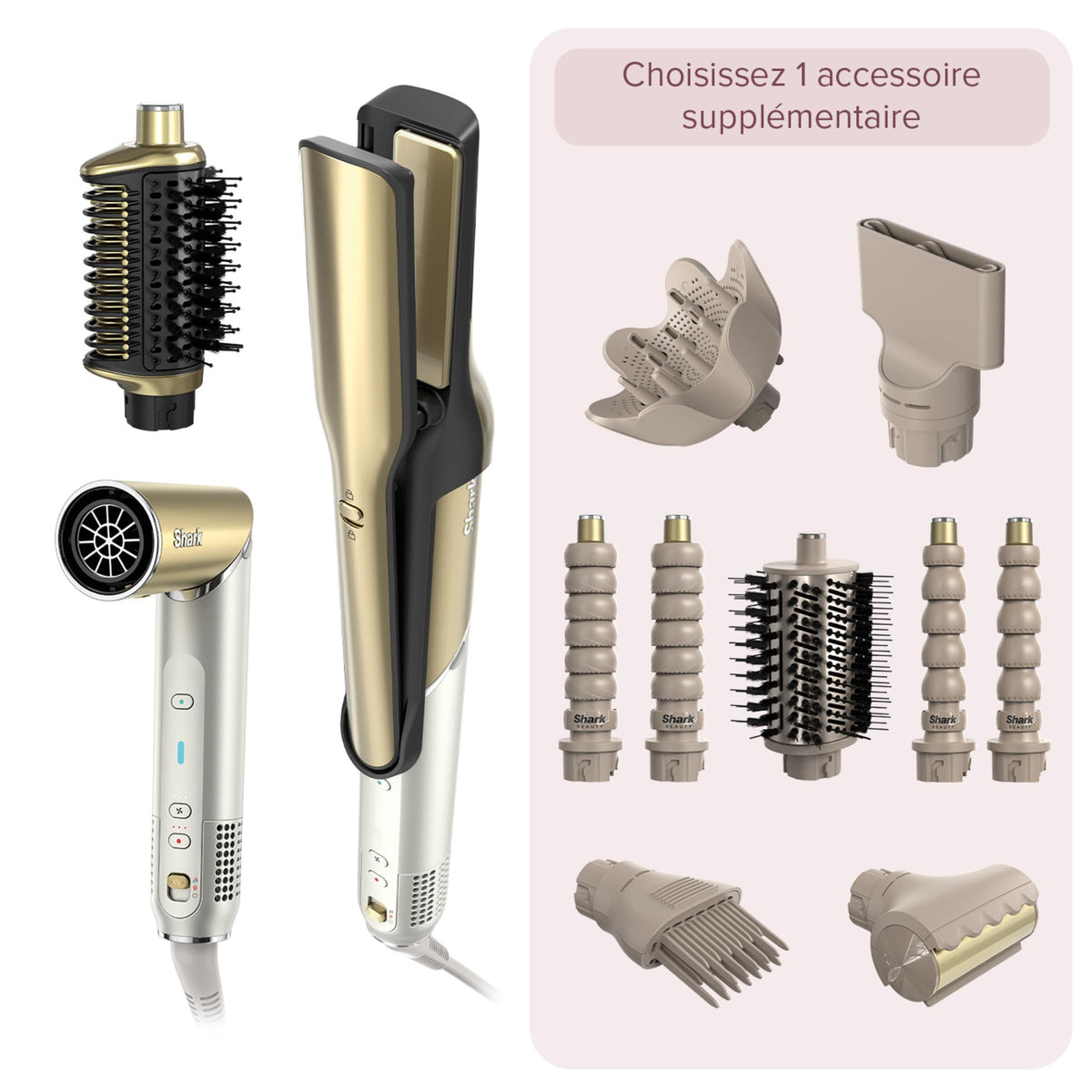 Multi-Styler premium et Sèche-Cheveux Shark Glam sur-mesure Or - 1 embout au choix
