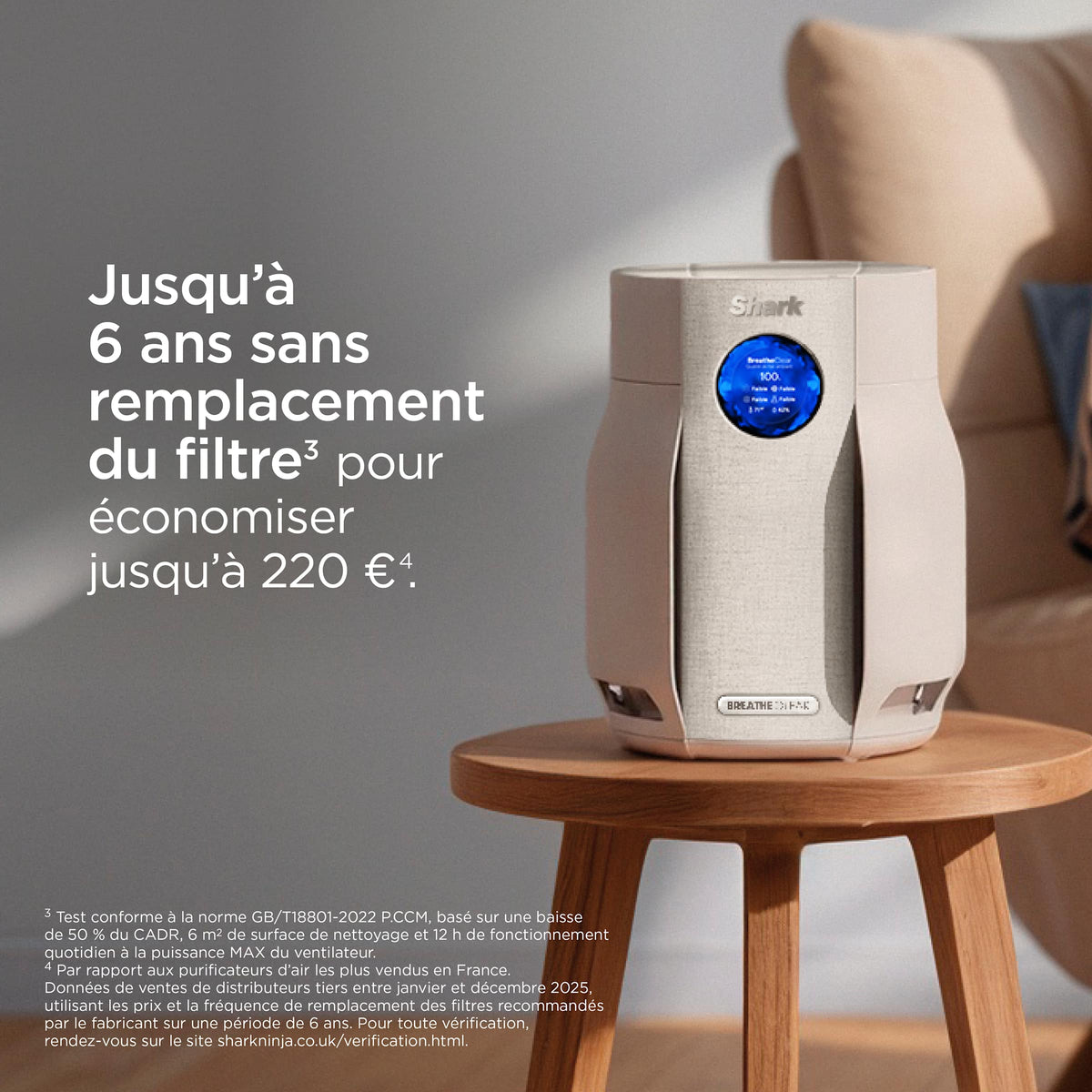 Purificateur d'air Shark BreatheClear Compact avec NeverChange6, jusqu'à 28 m²​ - Beige
