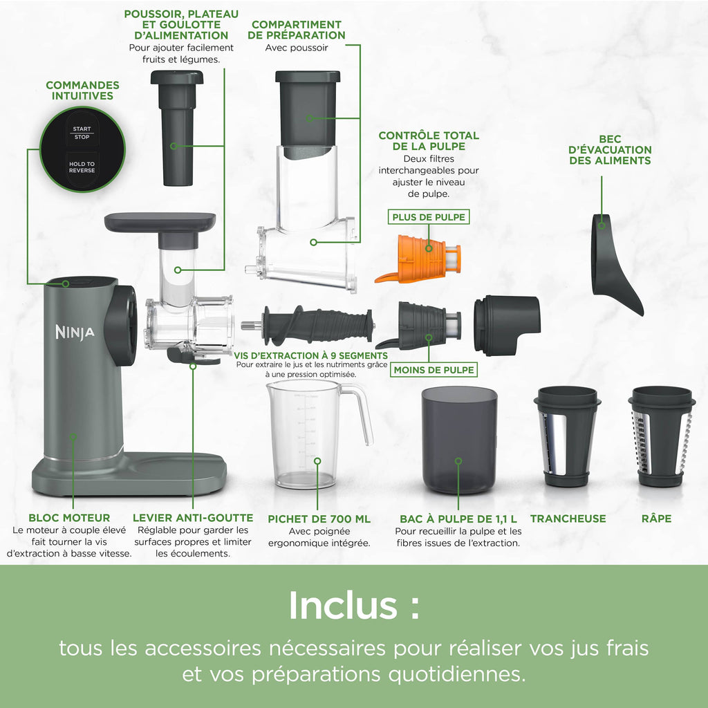 Extracteur de Jus à froid, Râpe & Trancheuse 3-en-1 Ninja NeverClog