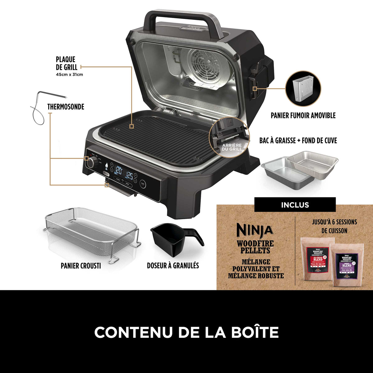 Barbecue électrique et fumoir Ninja Woodfire Pro XL avec thermosonde Smart Cook OG850EU