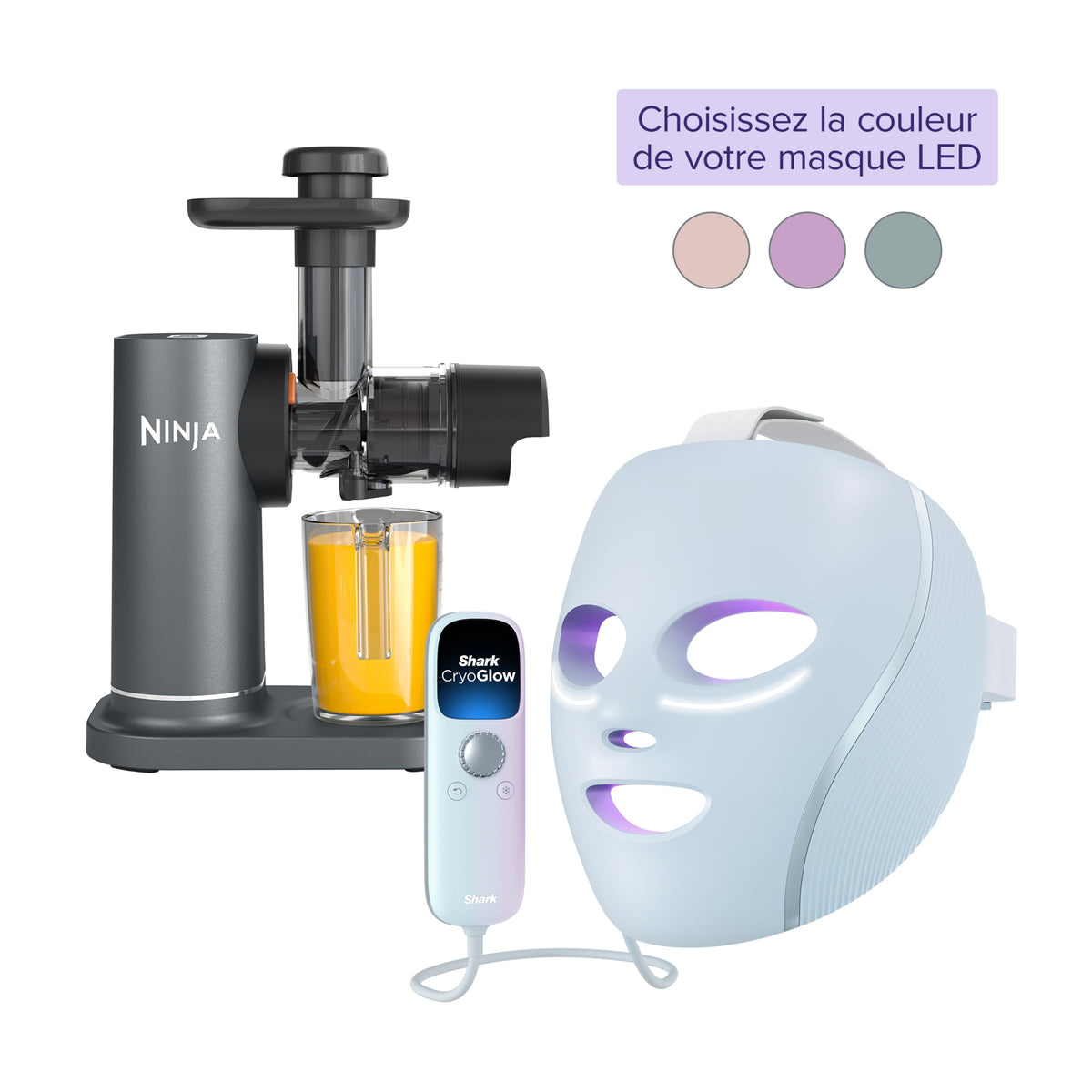 Pack Extracteur de Jus à froid, Râpe & Trancheuse et Masque LED Cryo Glow (couleur au choix)
