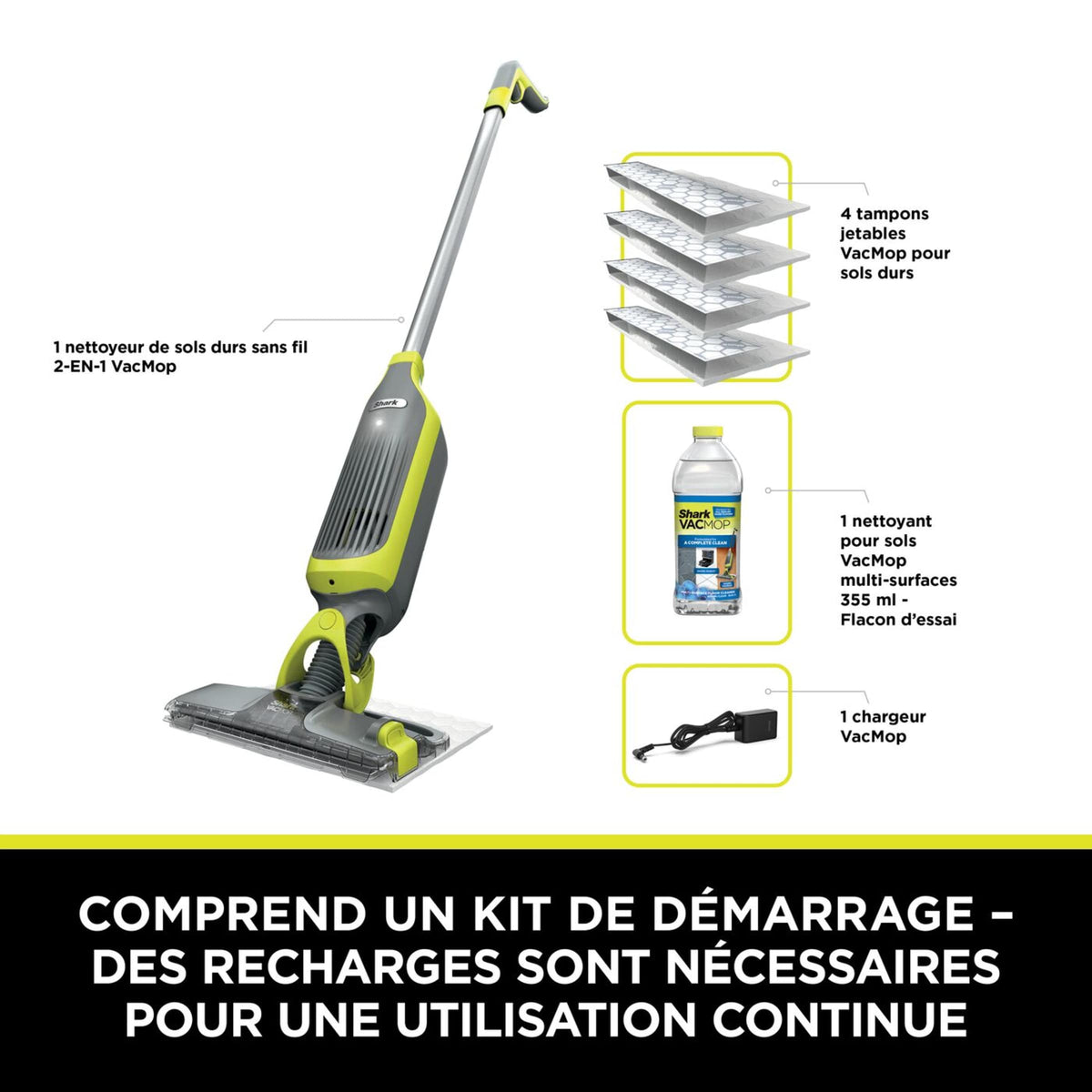 Balai laveur sans fil 2-en-1 Shark VacMop avec tampons jetables